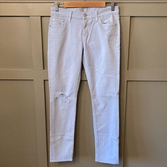 7 For All Mankind The Slim Cigarette Busted Knee Distressed Jeans Light Blue 27 - Picture 1 of 10